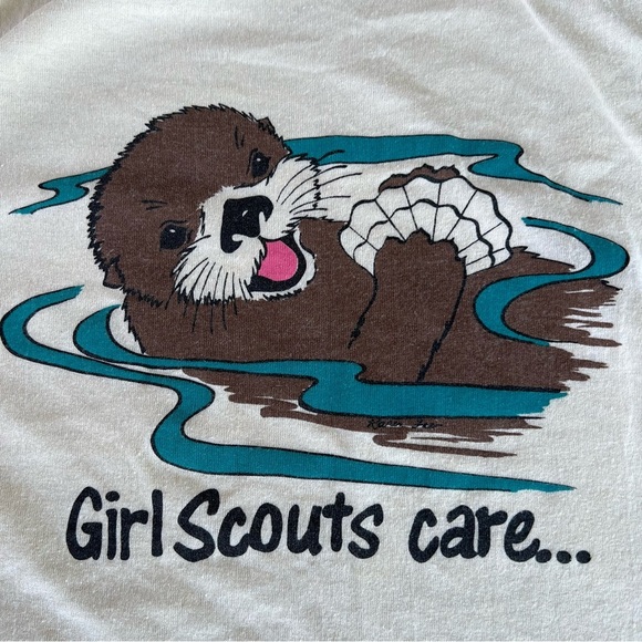 VTG Girl Scouts Care Single Stitch T-Shirt Smiling Otter Seashell Tee-Jays USA L - Picture 2 of 9